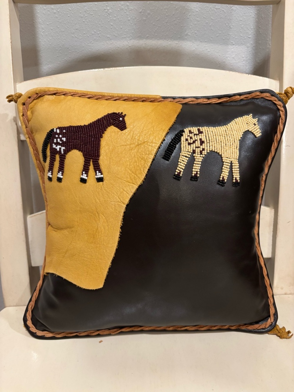 Robert Pina Thunder Ranch Beaded Horse Leather Pillow | Western Artisan Decor